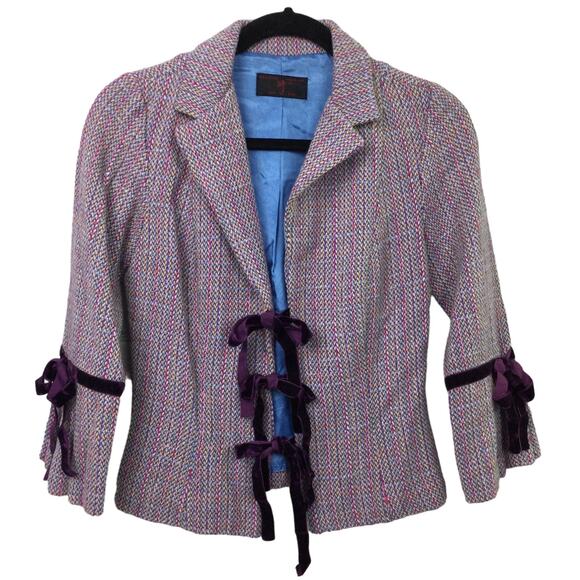 Just in Time Women's Tweed Velvet Front Tie Bell Sleeve Purple Cropped Blazer M - Picture 1 of 13